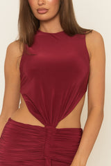 Wine Cut Out Gathered Mini Dress - Haala