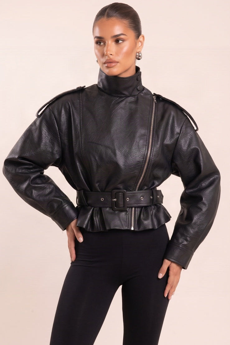 Black Faux Leather Funnel Neck Belted Jacket - Gerri