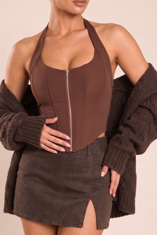 Chocolate Boned Halterneck Corset Top - Muskan