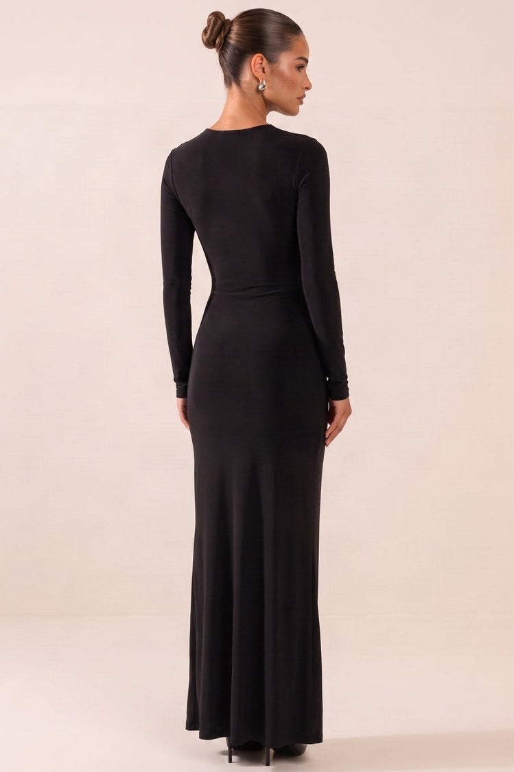 Black Long Sleeve Slinky Square Neck Bodycon Maxi Dress - Kayah