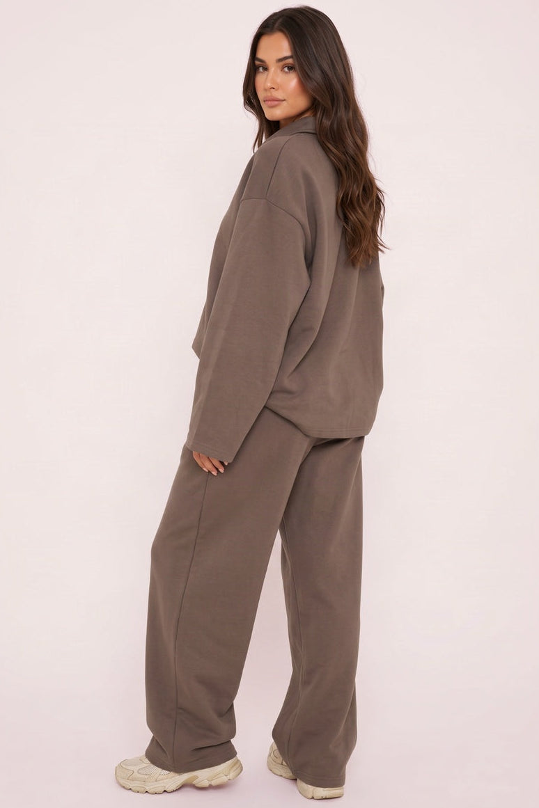 Brown Polo Collar Wide Sleeve Sweatshirt - Deniz