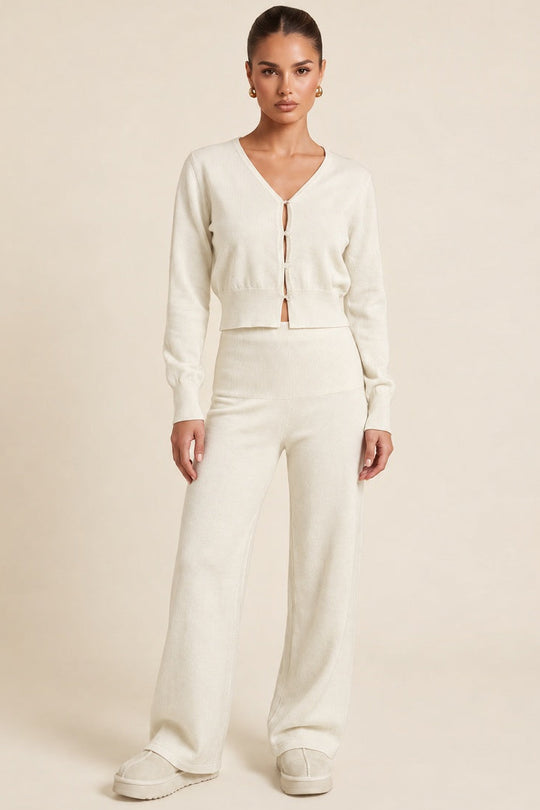 Cream Knitted Cardigan Top and Wide Leg Co-ord Set - Shyla