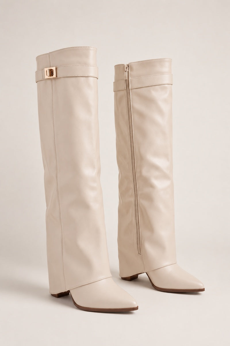 Beige PU Trim Detail Layered Knee High Boots - Izzy