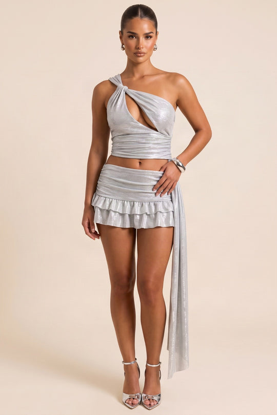Silver Metallic Asymmetric Draped Ruffle Skirt Co-ord Set - Jada