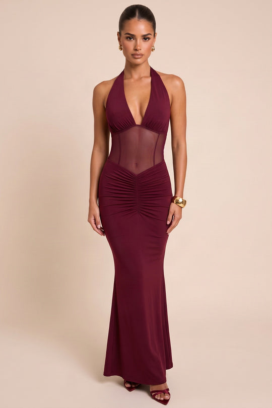 Wine Mesh Corset Maxi Dress - Robbie