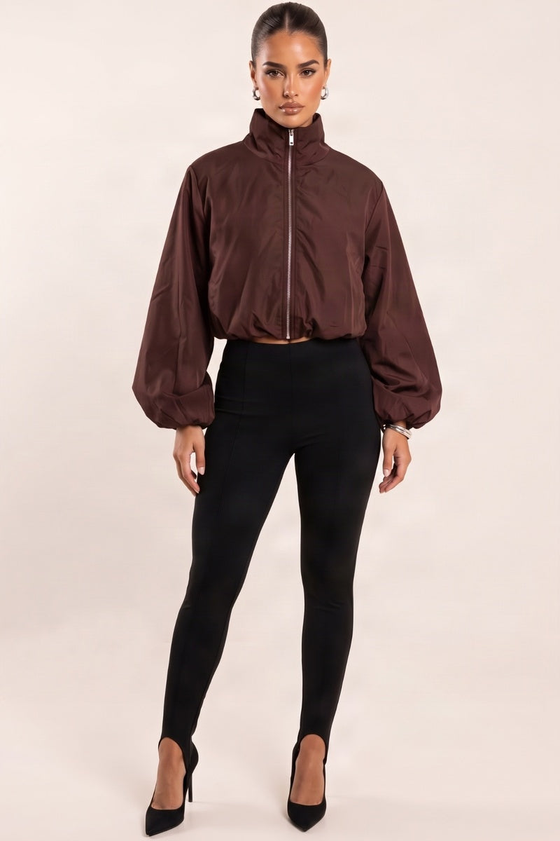 Chocolate Funnel Neck Zip Up Jacket - Chanda