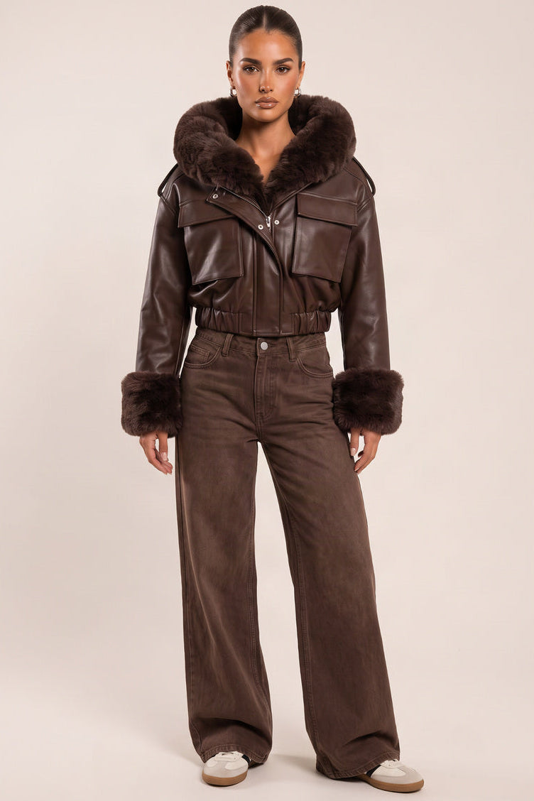 Chocolate Faux Leather Fur Lined Bomber Jacket - Larna