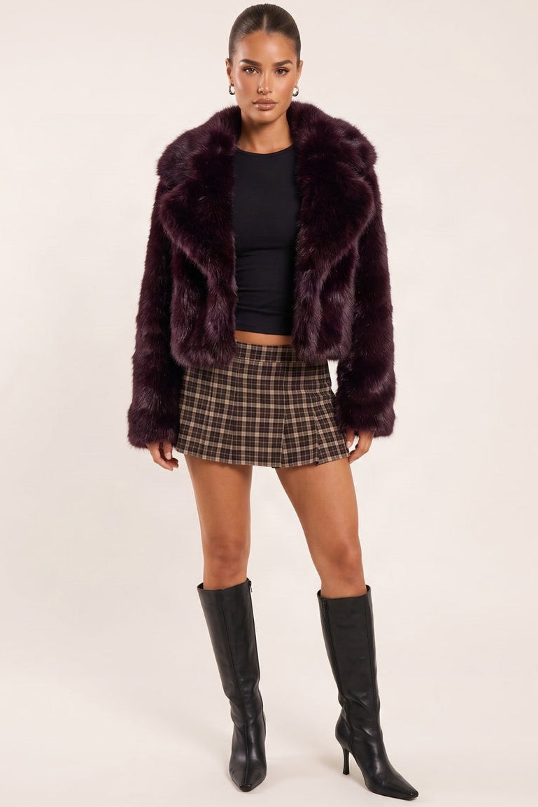 Plum Premium Chunky Collar Faux Fur Coat - Uleena