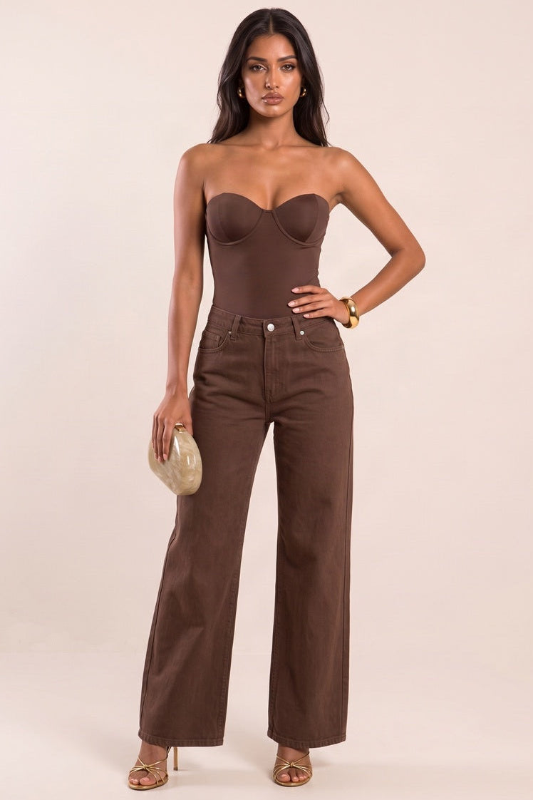 Chocolate Slinky Strapless Padded Bodysuit - Shari