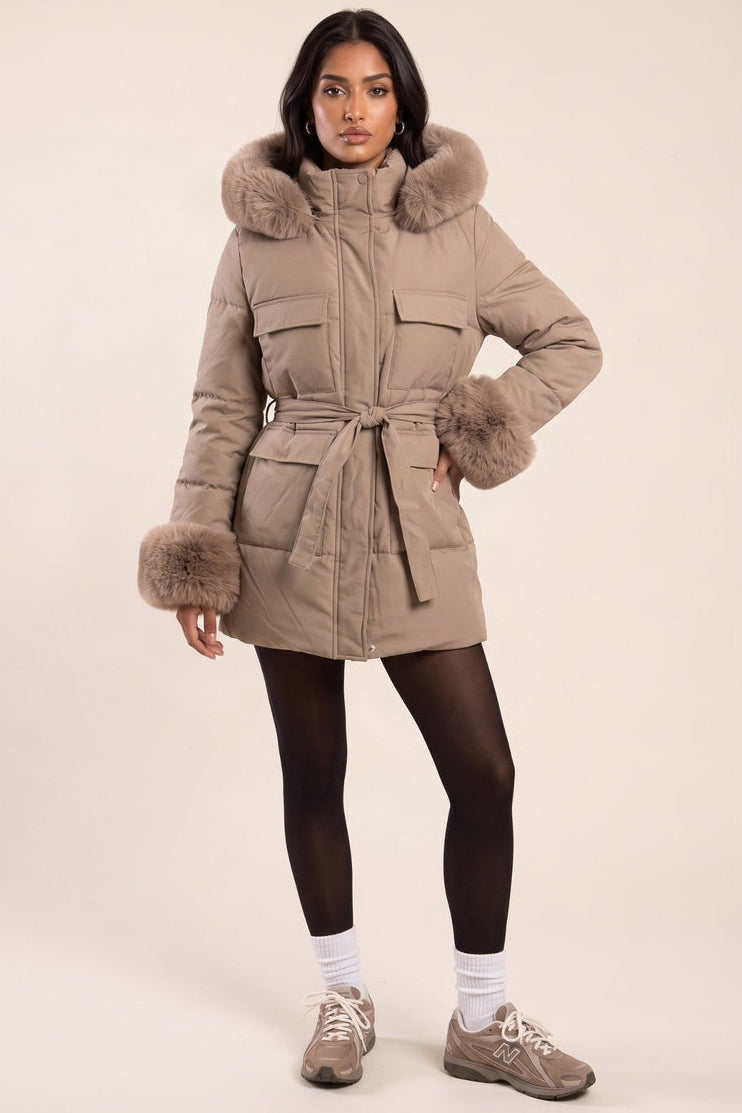 Mocha Faux Fur Trim Longline Puffer Jacket - Candy