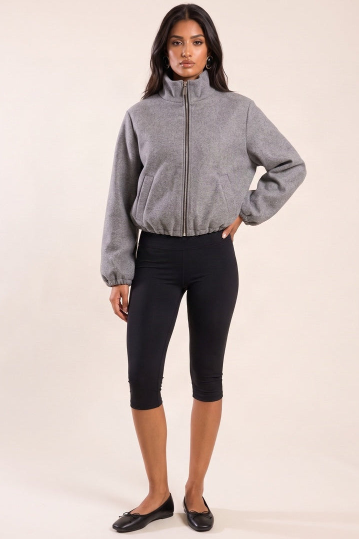 Grey Wool Look High Neck Zip Up Bomber Jacket - Jennifer