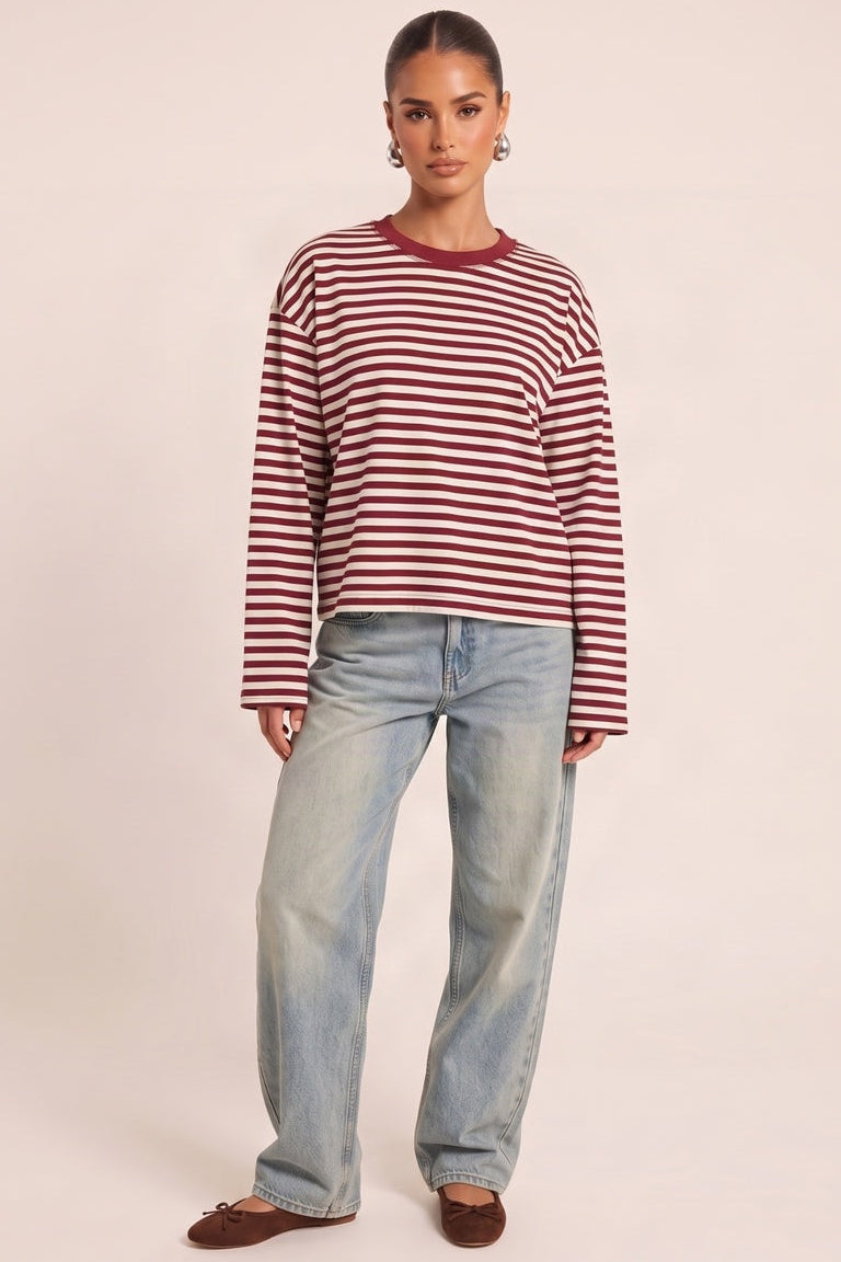 Wine Stripe Drop Shoulder Oversized Stripe Top - Cleopatra