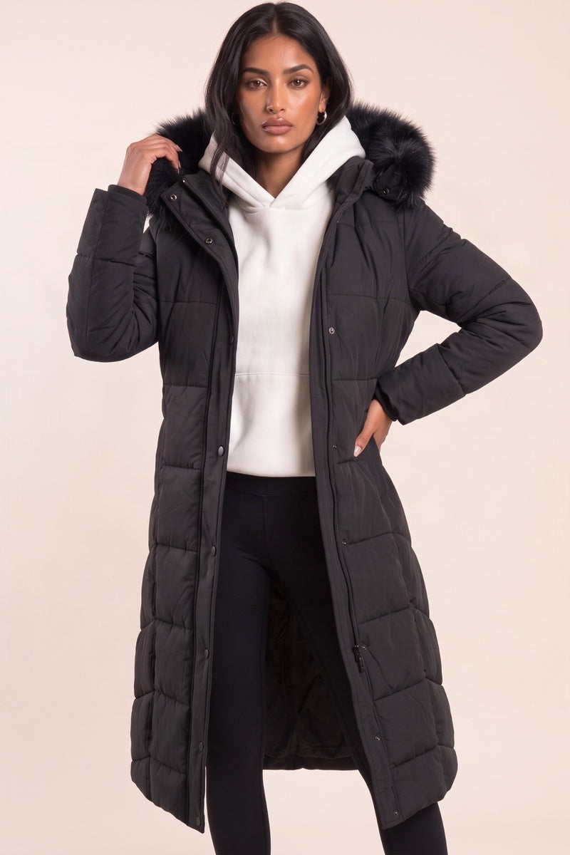 Black Detachable Faux Fur Trim Hooded Maxi Puffer Coat - Prudence