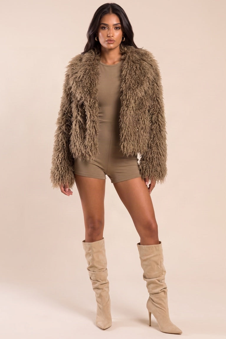 Brown Shaggy Faux Fur Jacket - Elsie