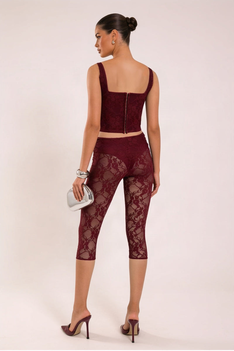 Wine Lace Corset and Capri Pants Co-ord Set - Cammie