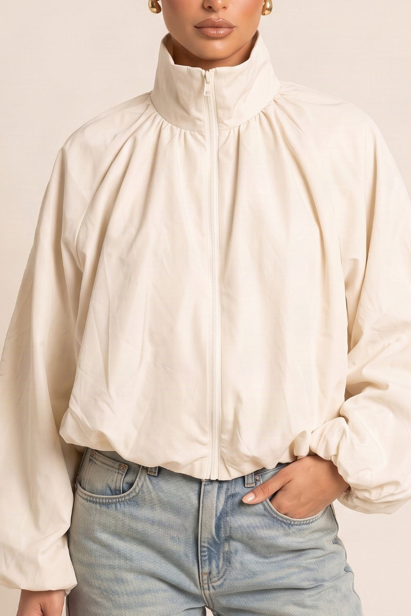 Cream Funnel Neck Zip Front Bomber Jacket - Kairi