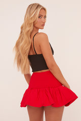 Red Shirring Detail Puffball Mini Skirt - Gracen