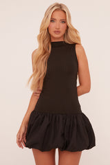 Black High Neck Cut Out Back Puffball Mini Dress - Aima