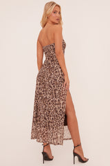 Brown Leopard Print Bandeau Slit Detail Midi Dress - Willoh
