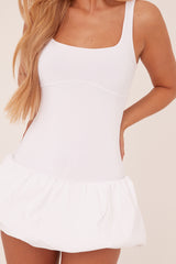 White Scoop Neck Puffball Mini Dress - Alyssa