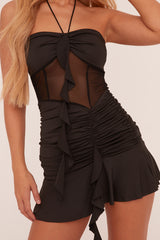 Black Ruched Bandeau Frill Hem Mini Dress - Floyce