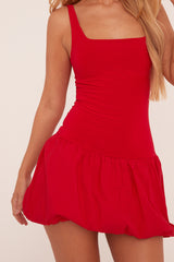 Red Scoop Neck Puffball Mini Dress - Alyssa