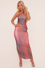 Multi Abstract Print One Shoulder Asymmetric Top & Maxi Skirt Co-ord Set - Yesha