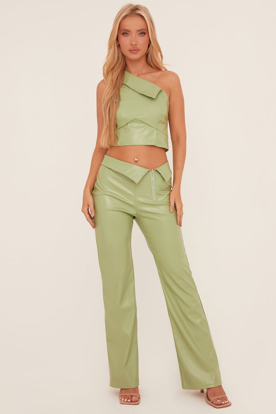 Sage Faux Leather One Shoulder Top & Trousers Co-ord Set - Lydian