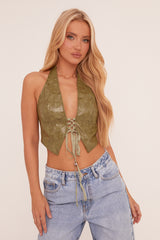 Green Faux Leather Tie Up Front Cropped Top - Alla