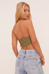 Green Faux Leather Tie Up Front Cropped Top - Alla