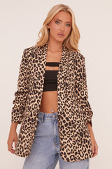 Brown Leopard Print Ruched Sleeves Oversized Blazer - Xavier