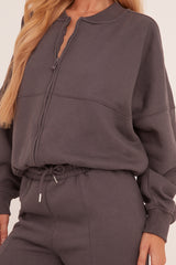 Grey Zip Front Bomber And Joggers Loungewear Co-ord Set - Sasha