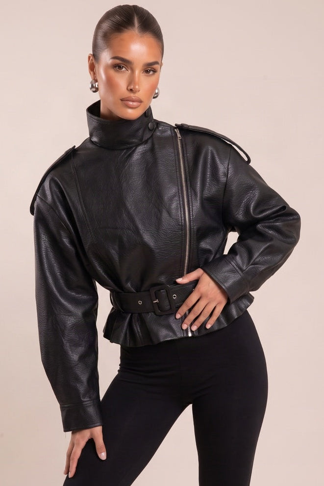 Black Faux Leather Funnel Neck Belted Jacket - Gerri