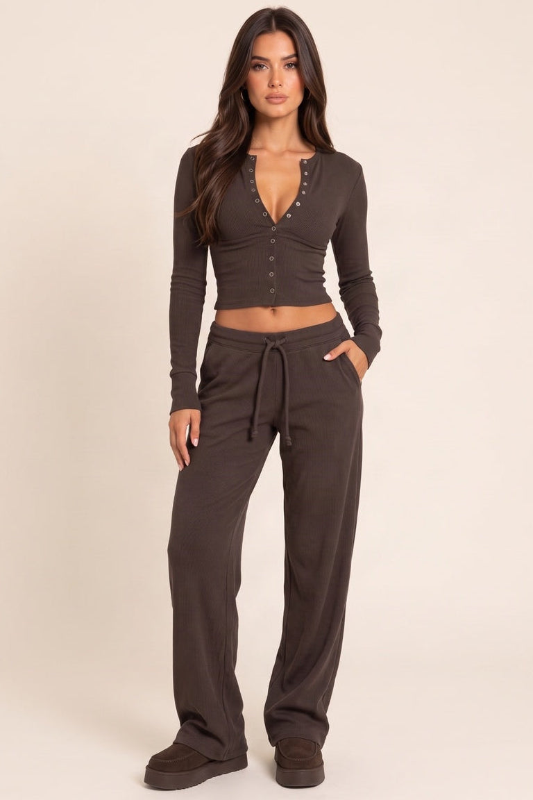 Chocolate Button Up Front Ribbed Fitted Top - Unity