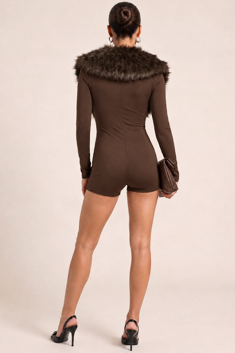 Chocolate Faux Fur Collar Deep Plunge Playsuit - Jennie