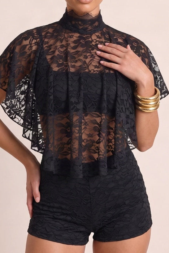 Black Lace Cape Top and Shorts Co-ord Set - Audrey