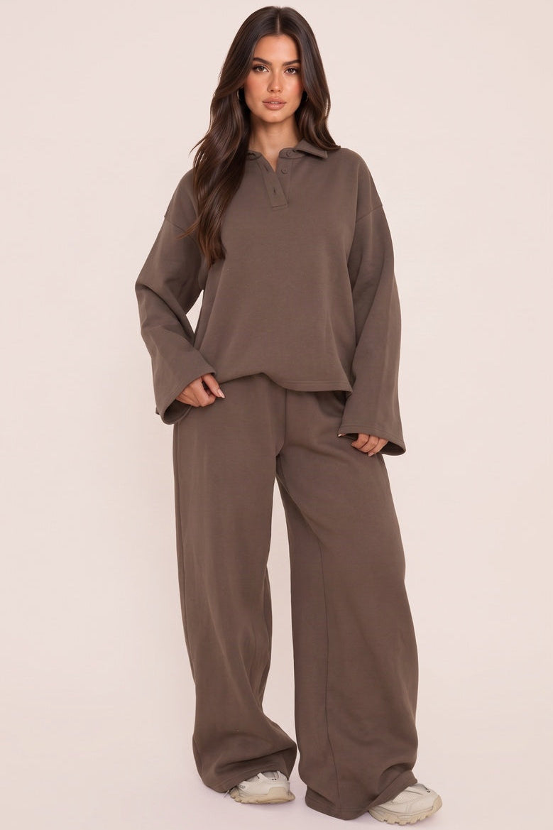 Brown Polo Collar Wide Sleeve Sweatshirt - Deniz