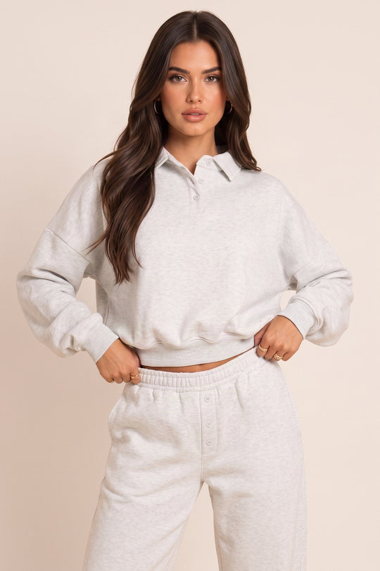 Grey Long Sleeve Collared Polo Sweatshirt - Emina