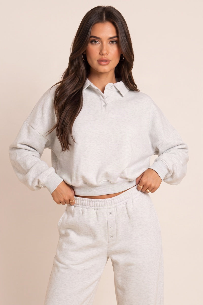 Grey Long Sleeve Collared Polo Sweatshirt - Emina