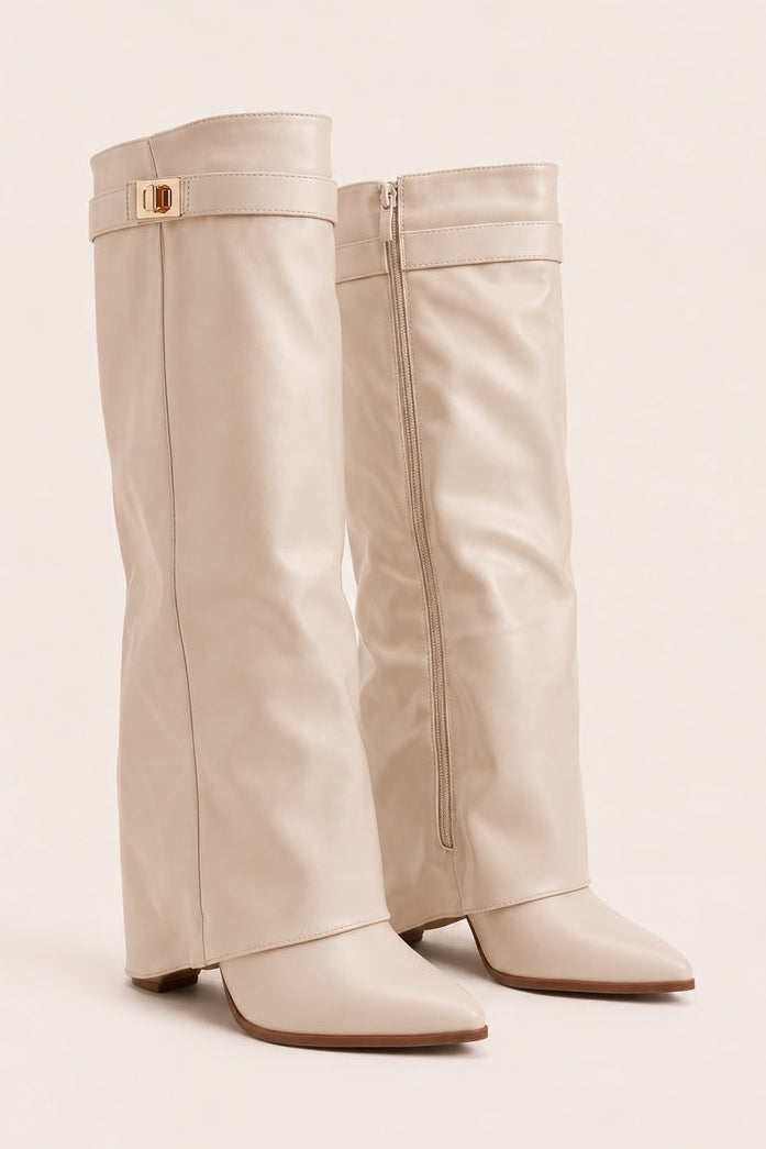 Beige PU Trim Detail Layered Knee High Boots - Izzy