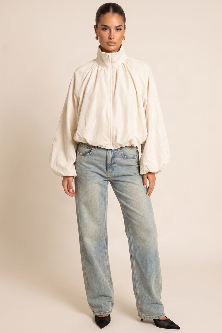 Cream Funnel Neck Zip Front Bomber Jacket - Kairi
