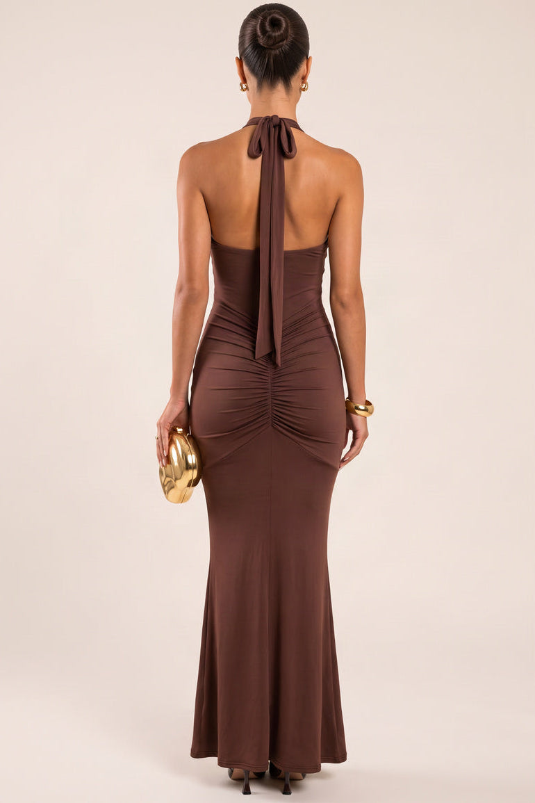 Chocolate Halterneck Plunge Slinky Maxi Dress - Malvina