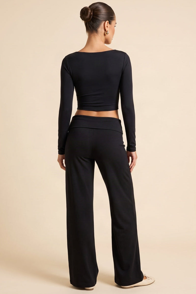 Black Slinky Square Neck Long Sleeve Crop Top - Melissa