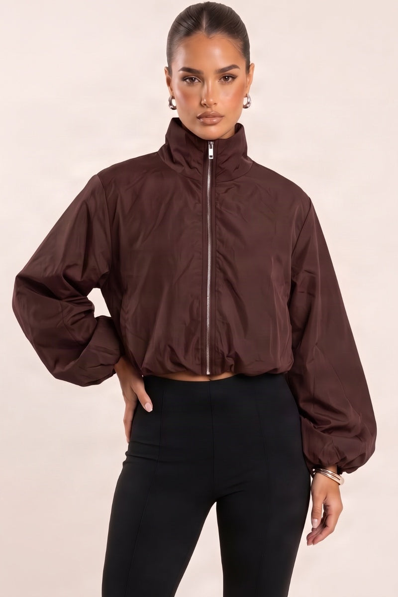 Chocolate Funnel Neck Zip Up Jacket - Chanda