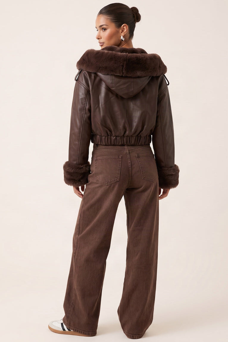 Chocolate Faux Leather Fur Lined Bomber Jacket - Larna