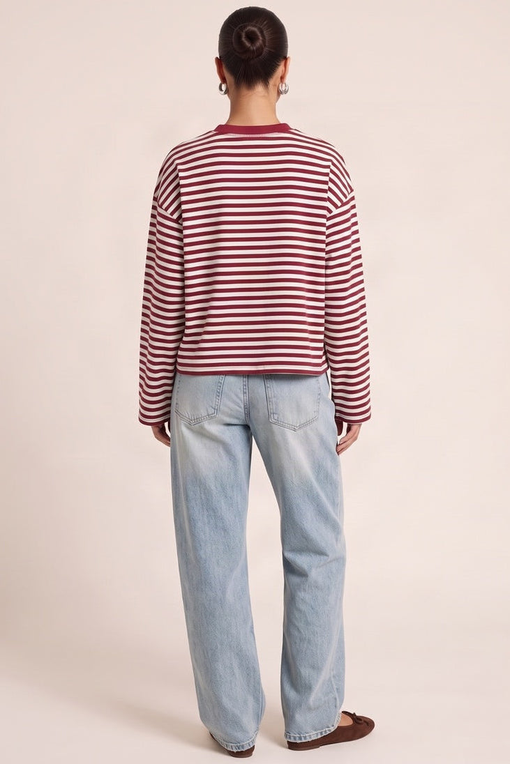 Wine Stripe Drop Shoulder Oversized Stripe Top - Cleopatra