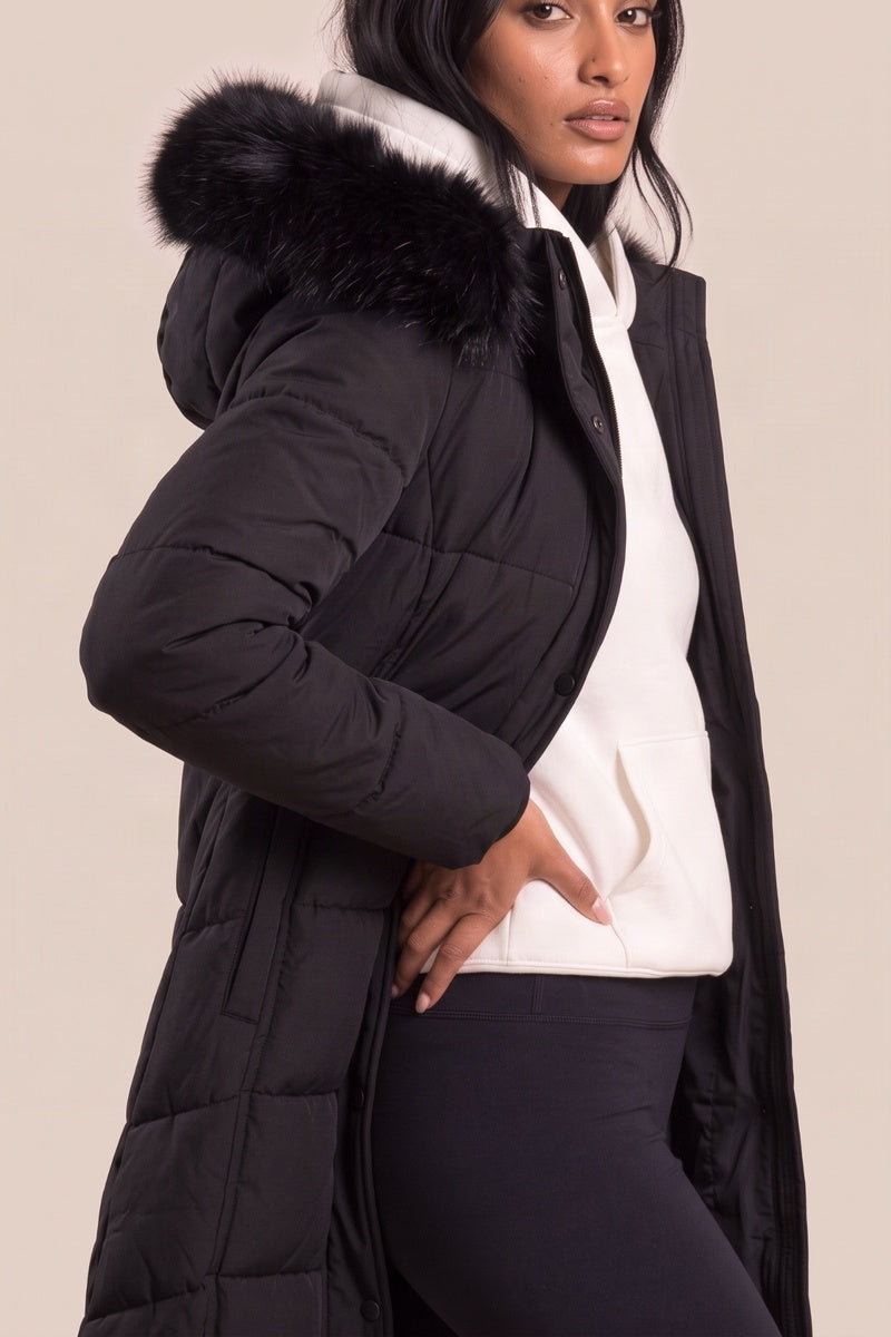 Black Detachable Faux Fur Trim Hooded Maxi Puffer Coat - Prudence