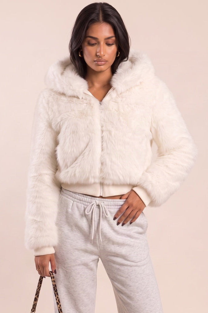 Cream Faux Fur Hooded Zip Through Jacket - Shakur