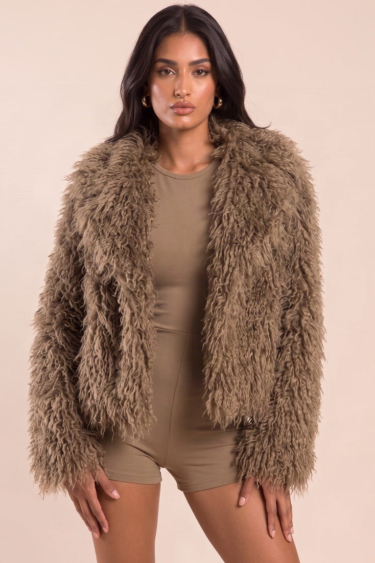 Brown Shaggy Faux Fur Jacket - Elsie