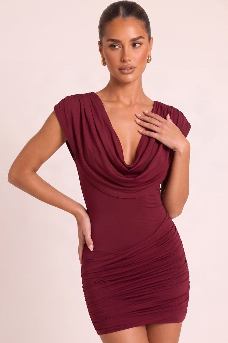 Wine Shoulder Pad Draped Mini Dress - Adianna